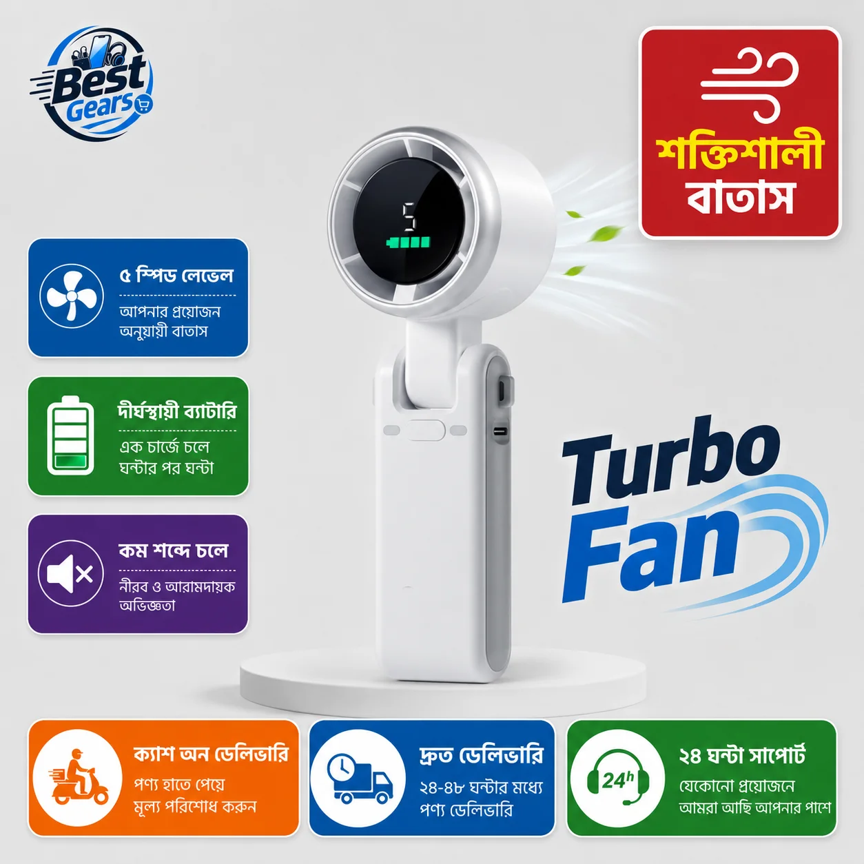 Portable Rechargeable Turbo Fan | 5-Speed High-Speed Cooling Fan