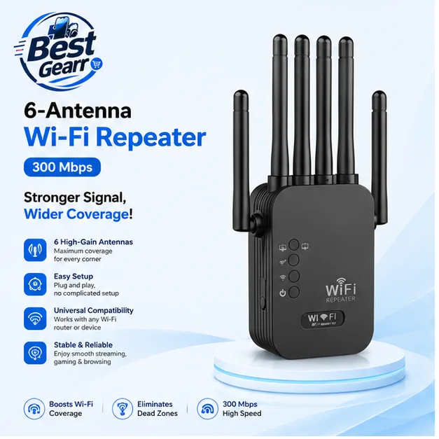 6-Antenna Wi-Fi Repeater 300Mbps High-Speed Wireless Signal Booster & Wi-Fi Range Extender for Home and Office