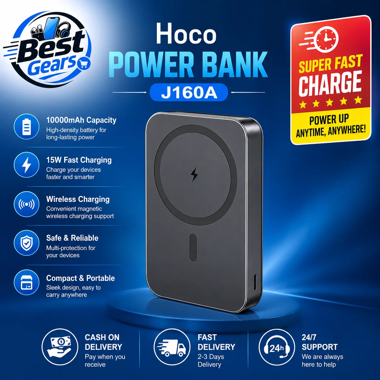 Hoco J160A Original 10000mAh Magnetic Power Bank | PD 20W Fast Charging | 15W Wireless Charging