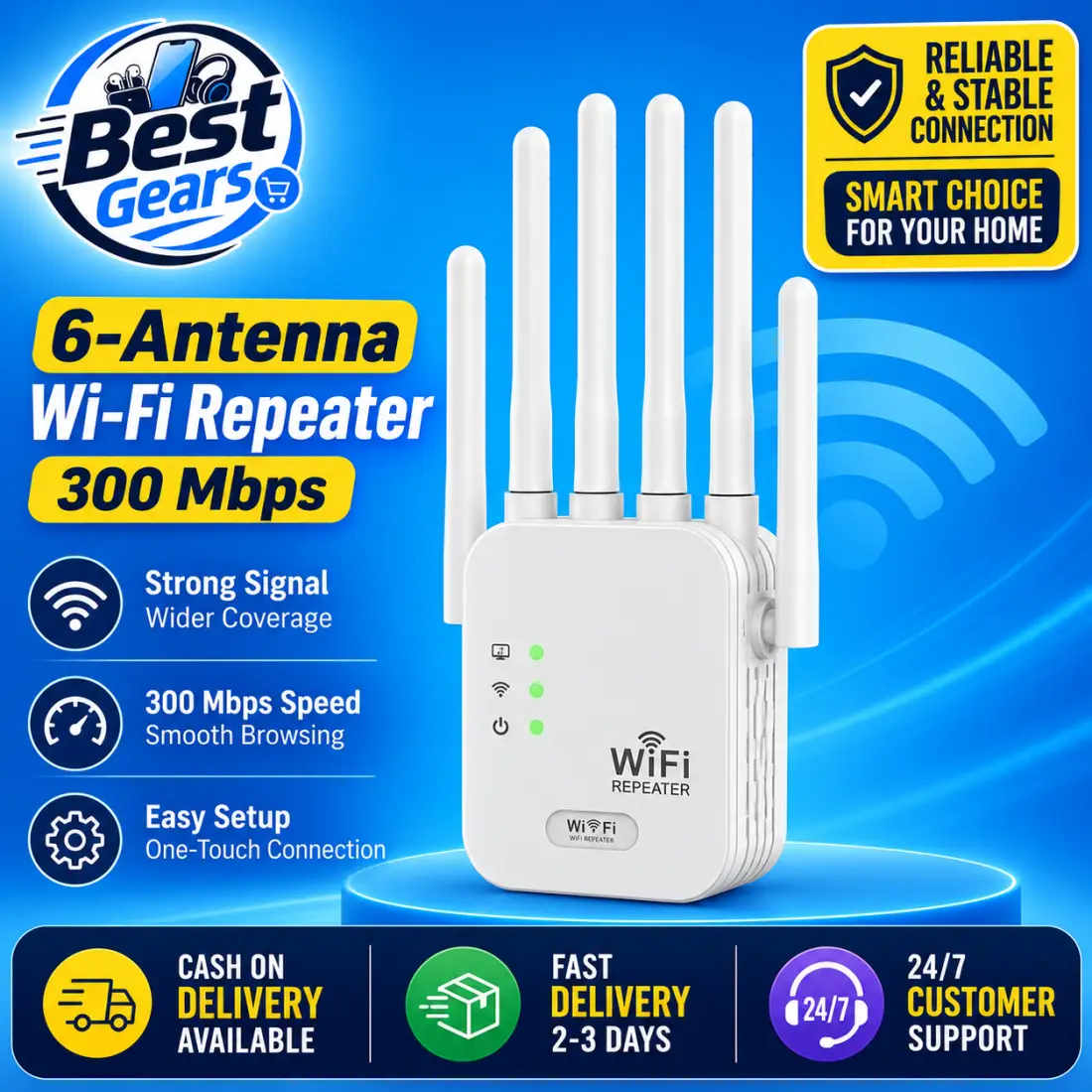 6-Antenna 300Mbps Smart Wi-Fi Repeater Wireless Network Extender with High-Gain Antennas & Wide Coverage