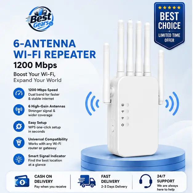 6-Antenna 1200Mbps Smart Wi-Fi Extender with Dual Band Signal Amplifier, Wireless Repeater & Access Point Mode
