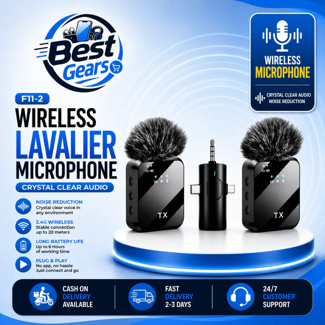 F11-2 Portable Wireless Lavalier Microphone with HD Voice Recording, Smart Noise Reduction