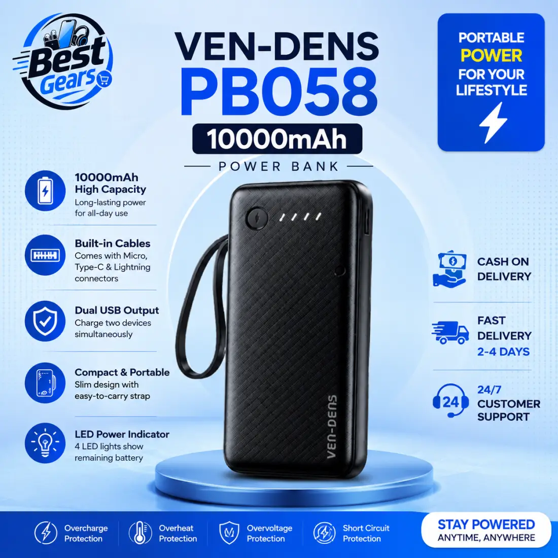 VEN-DENS VD-PB058 10000mAh Fast Charging Power Bank with Built-in Cables