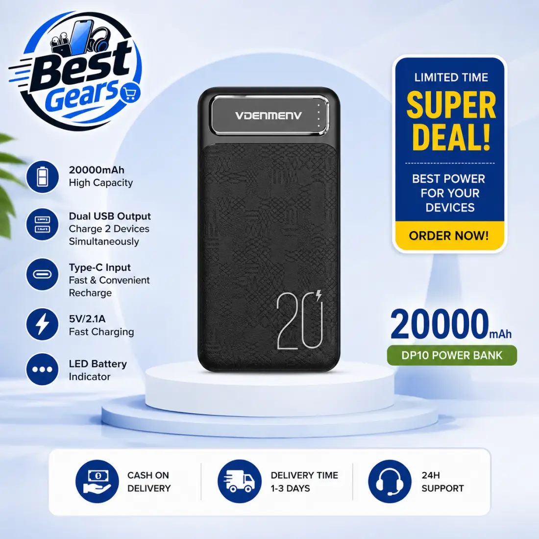VDENMENV DP10 20000mAh Dual USB & Type-C Power Bank