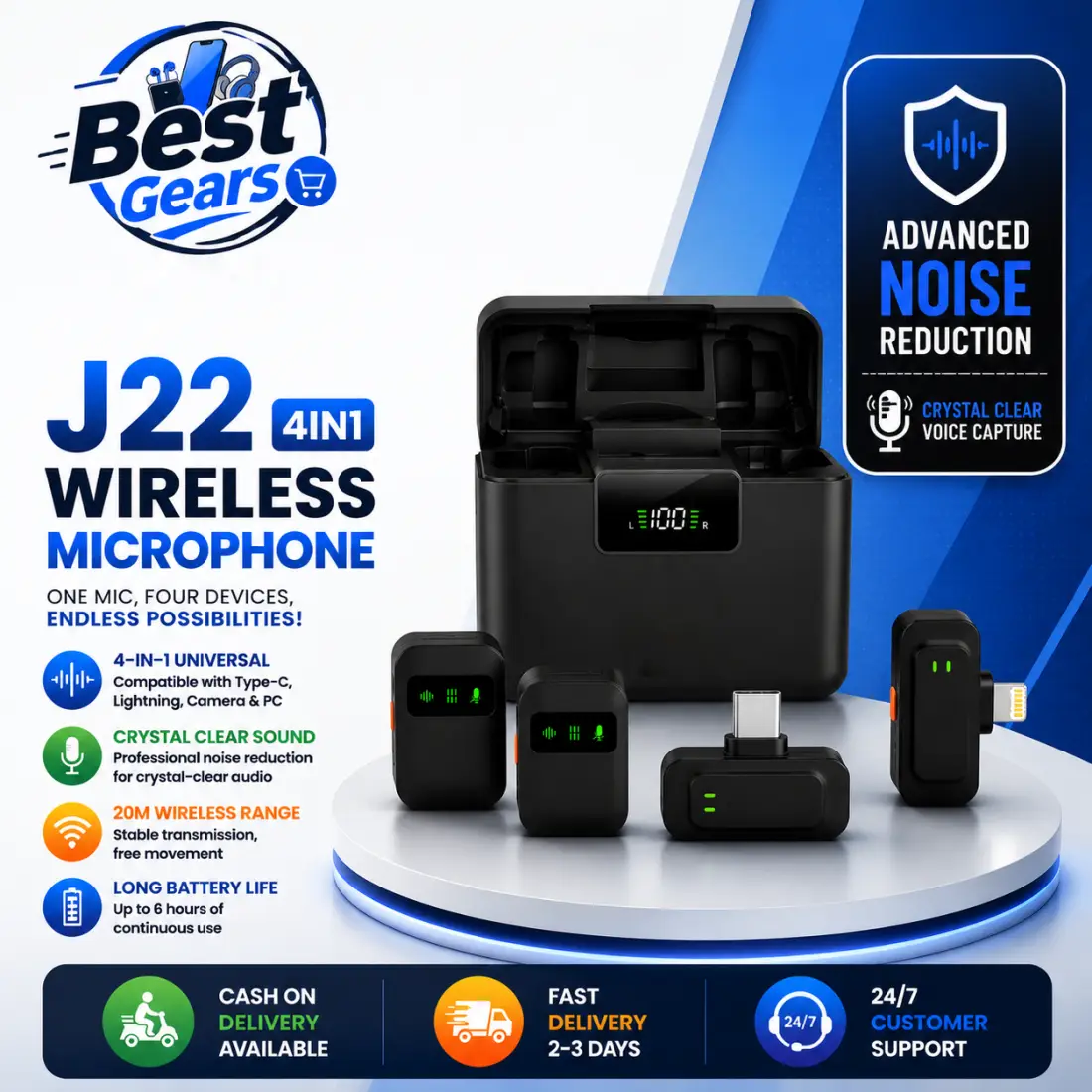 J22 4-in-1 Smart Wireless Lavalier Microphone with Universal Receiver, Noise Reduction