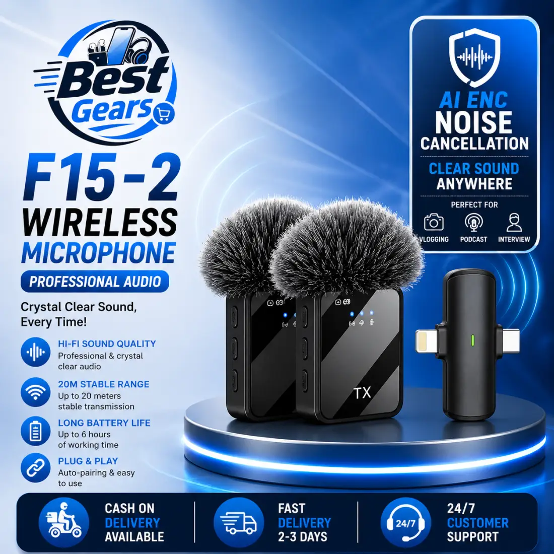 F15-2 Professional Wireless Microphone Kit with Noise Cancellation, Dual Channel Audio & Portable Recording Solution