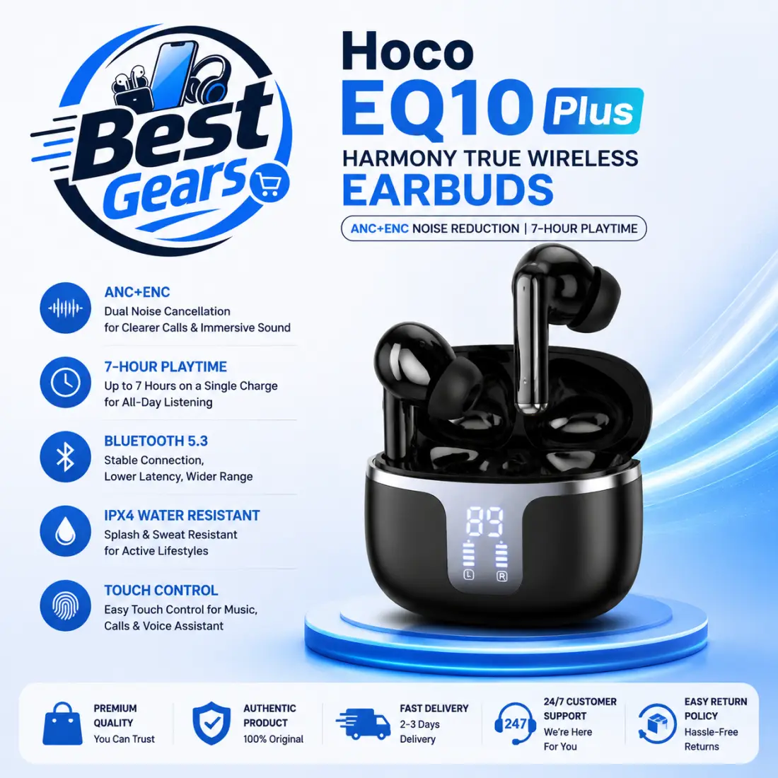 Hoco EQ10 PLUS Bluetooth 5.3 True Wireless Earbuds with Crystal Clear Calls, Deep Bass