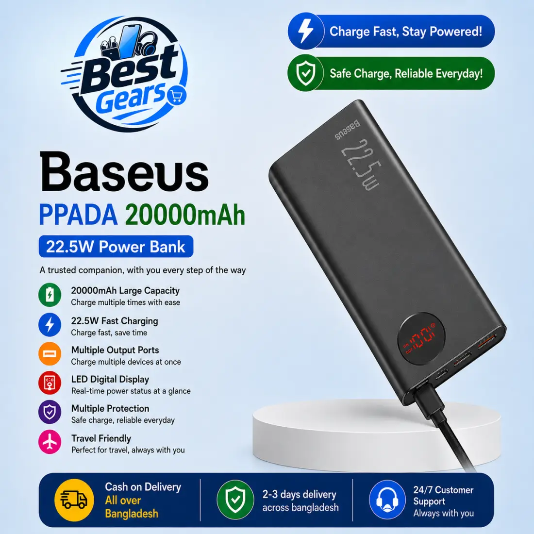 Baseus PPADA 20000mAh 22.5W Fast Charging Power Bank with Dual USB & USB-C Portable Battery Charger