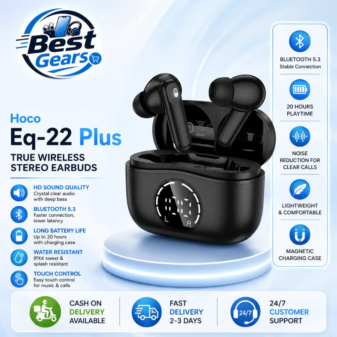 Hoco EQ22 PLUS Bluetooth 5.4 True Wireless Earbuds with HD Audio, ENC Microphone