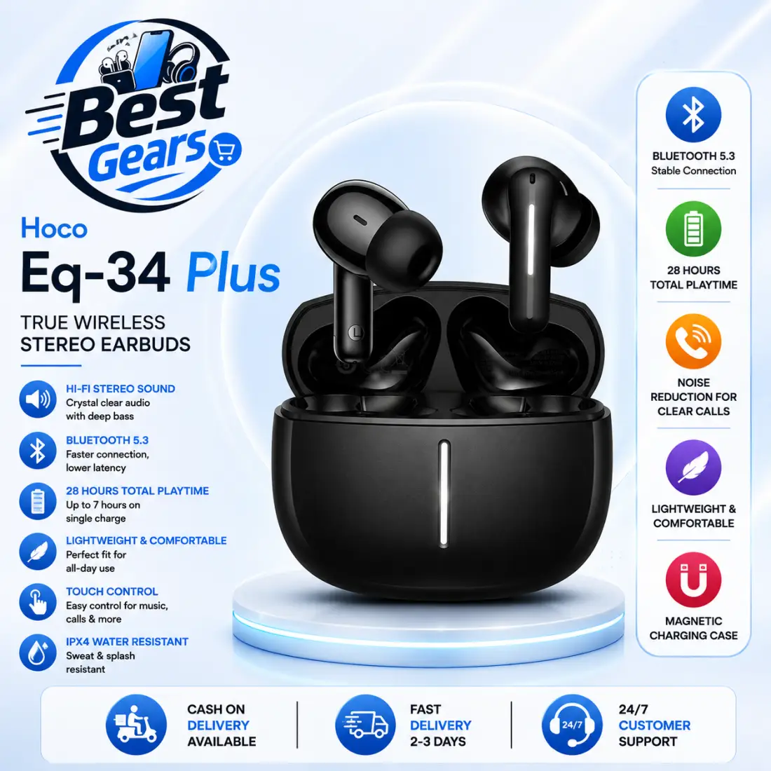 Hoco EQ34 PLUS Premium True Wireless Earbuds with Bluetooth 5.4, Smart Touch Control