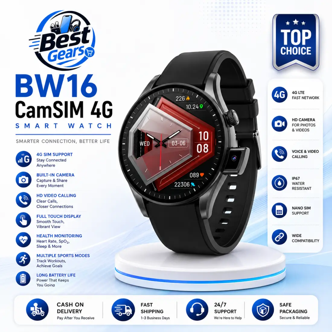 BW16 CamSim Smart Watch – 4G SIM Support, Built-in Camera, Bluetooth Calling & HD Display