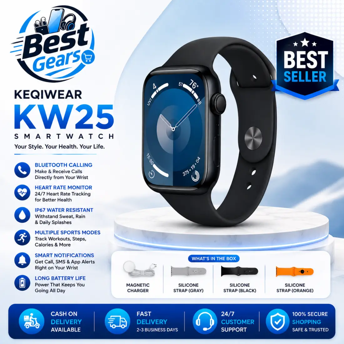 KEQIWEAR KW25 Smart Fitness Watch with Bluetooth Calling, HD Display, Wireless Charging & Smart Health Features