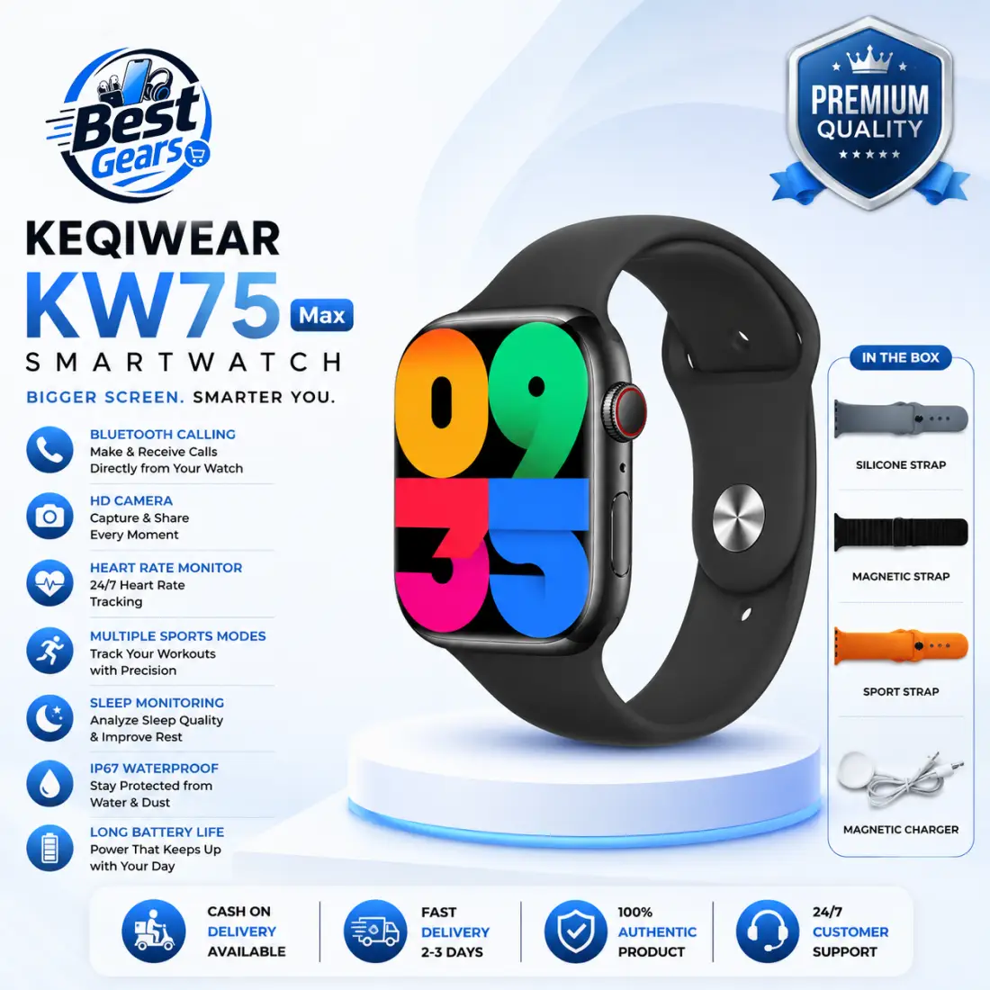 KEQIWEAR KW75 Max Smart Watch – 2.2" HD Display, Bluetooth Calling, Wireless Charging, Health Monitoring