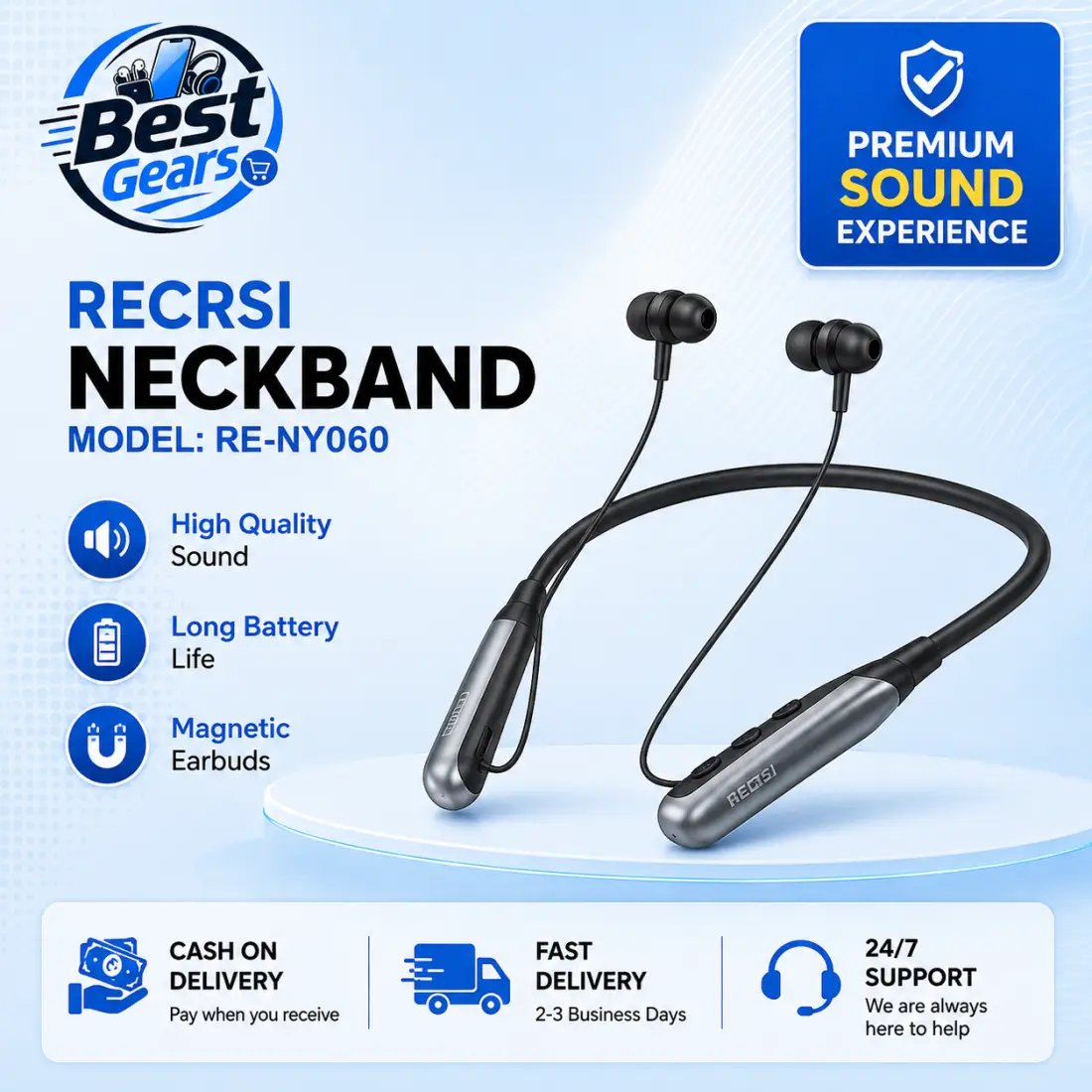 Recrsi RE-NY060 Sports Bluetooth Neckband Headset with ENC Microphone, Deep Bass