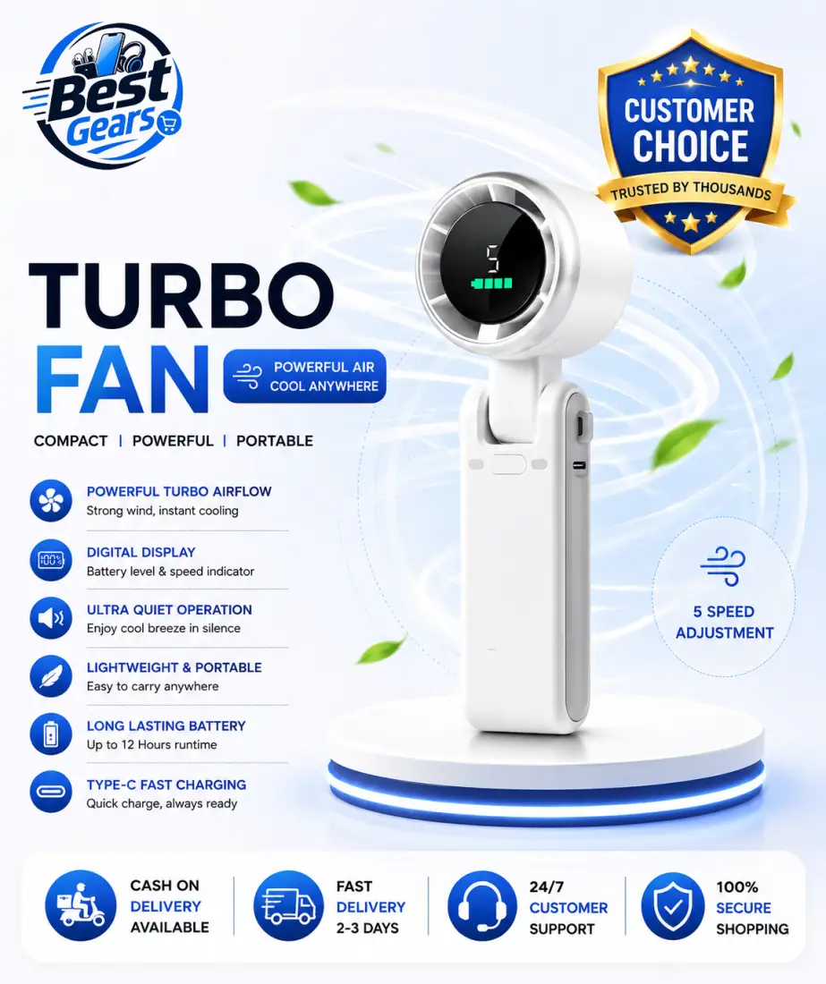 Portable Turbo Fan – High-Speed Rechargeable Handheld Fan with Digital Display