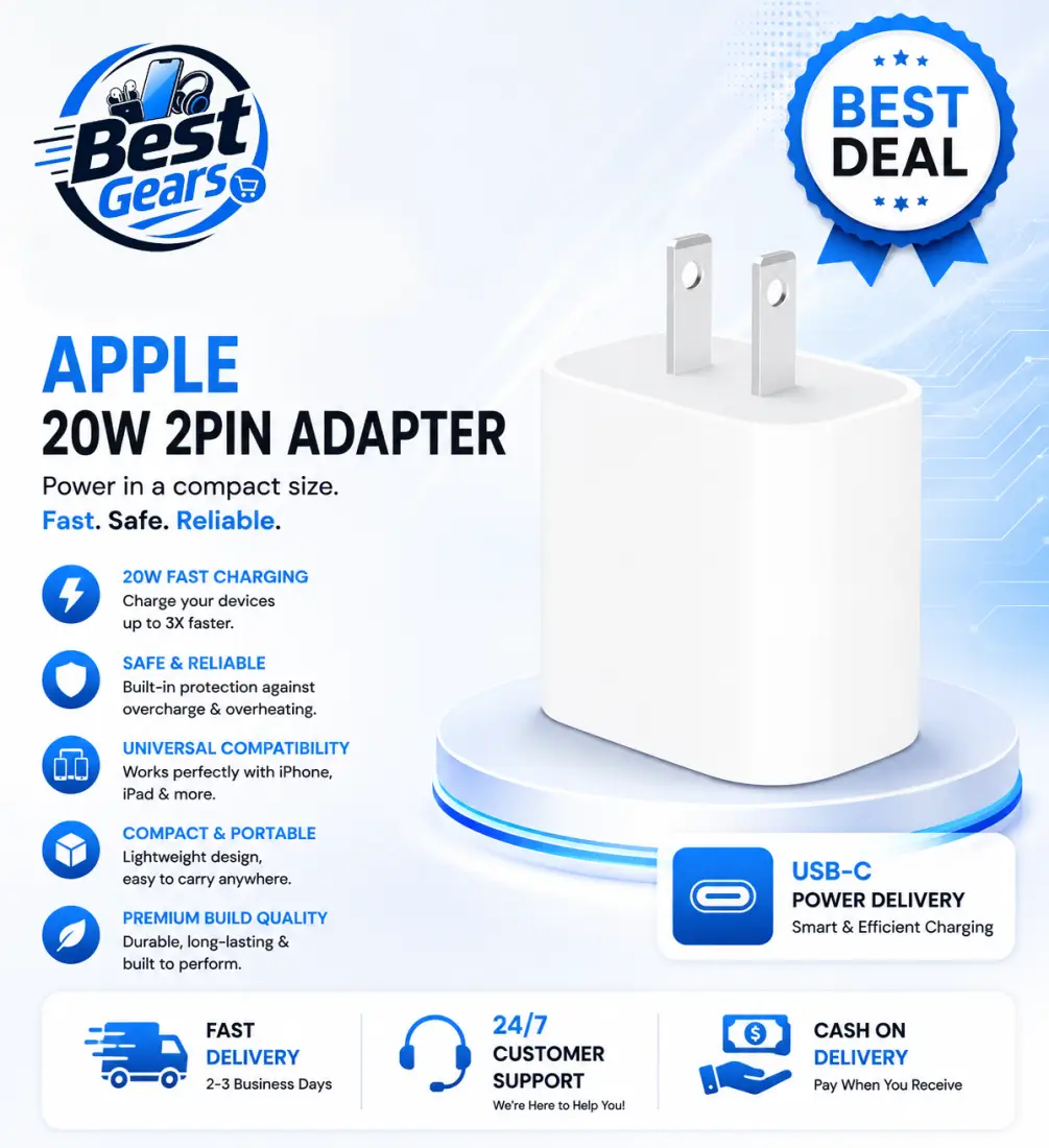 Apple 20W USB-C 2-Pin Fast Charging Adapter with Power Delivery, Smart Protection