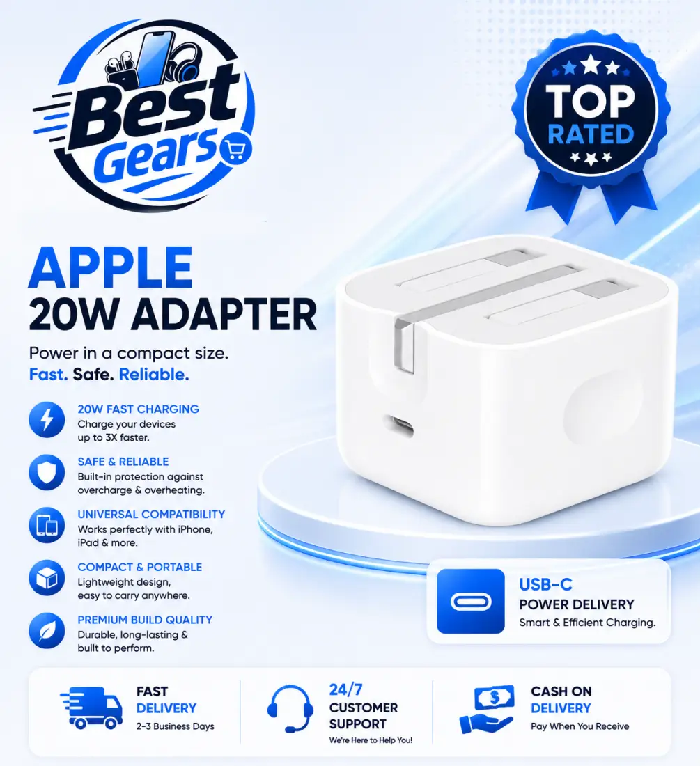Apple 20W USB-C 3-Pin Wall Charger Fast Charging Power Adapter with Advanced Safety Protection & Compact Design