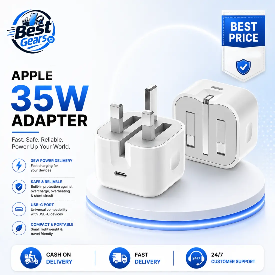 Apple 35W USB-C Dual Port Power Adapter (3-Pin) Premium Fast Charger with Intelligent Charging Protection