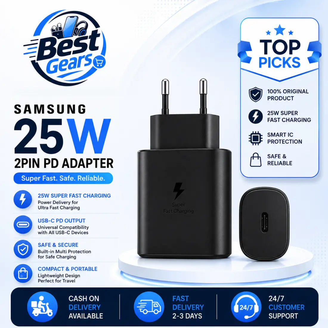 Samsung 25W Super Fast Charging USB-C Power Adapter (2-Pin) Compact Wall Charger