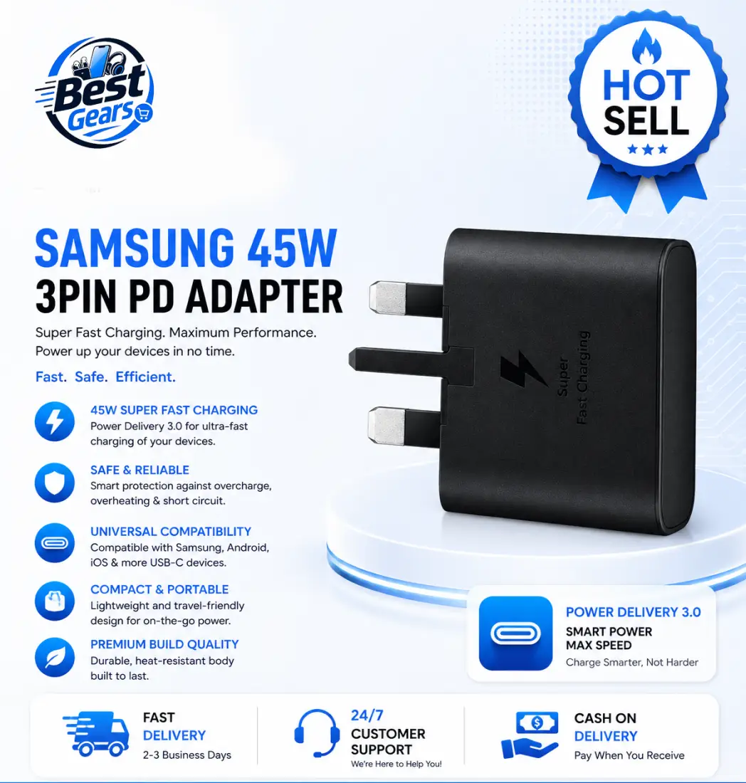 Samsung 45W USB-C PD Super Fast Charging Adapter (3-Pin) Premium Wall Charger
