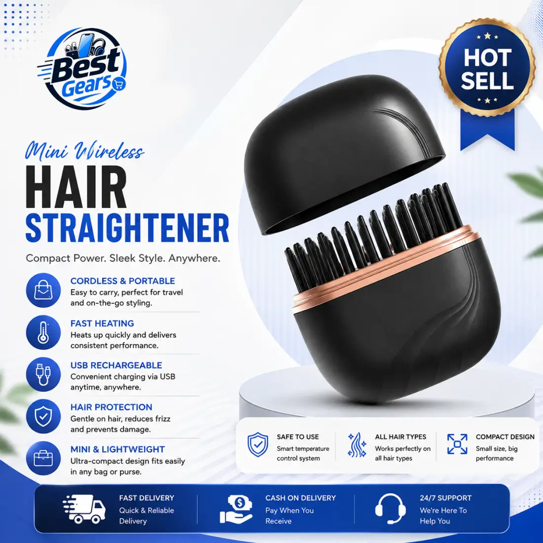 Mini Cordless Hair Straightener Brush | Portable USB Rechargeable Hair Styling Comb