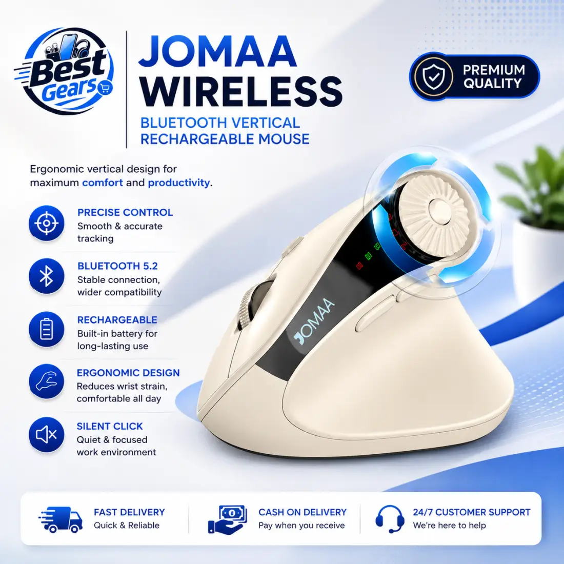 Jomaa Smart Wireless Bluetooth Vertical Mouse with Rechargeable Battery, Ergonomic Design