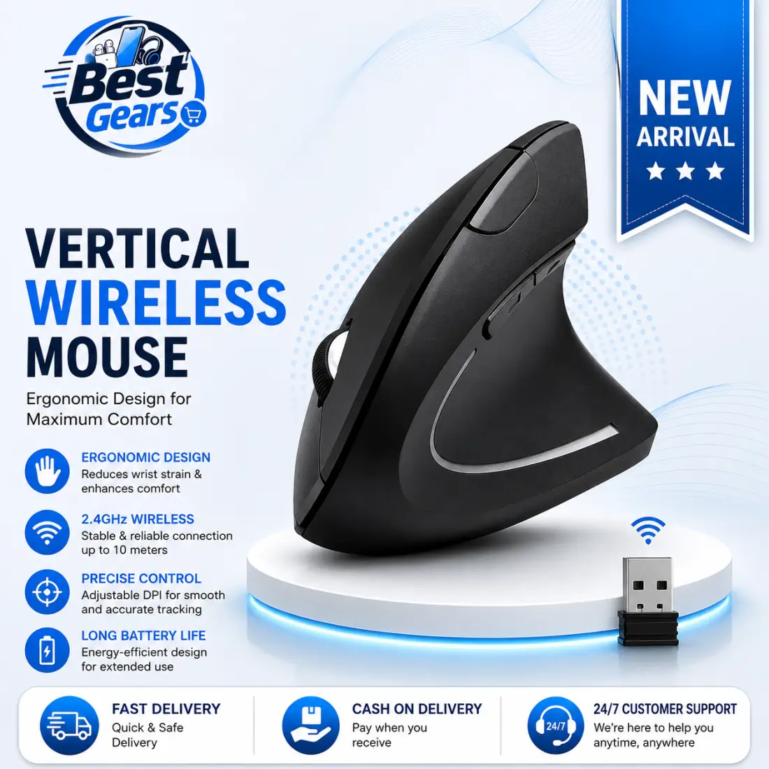 Comfort Grip Vertical Wireless Mouse with Smooth Navigation & Lightweight Portable Design