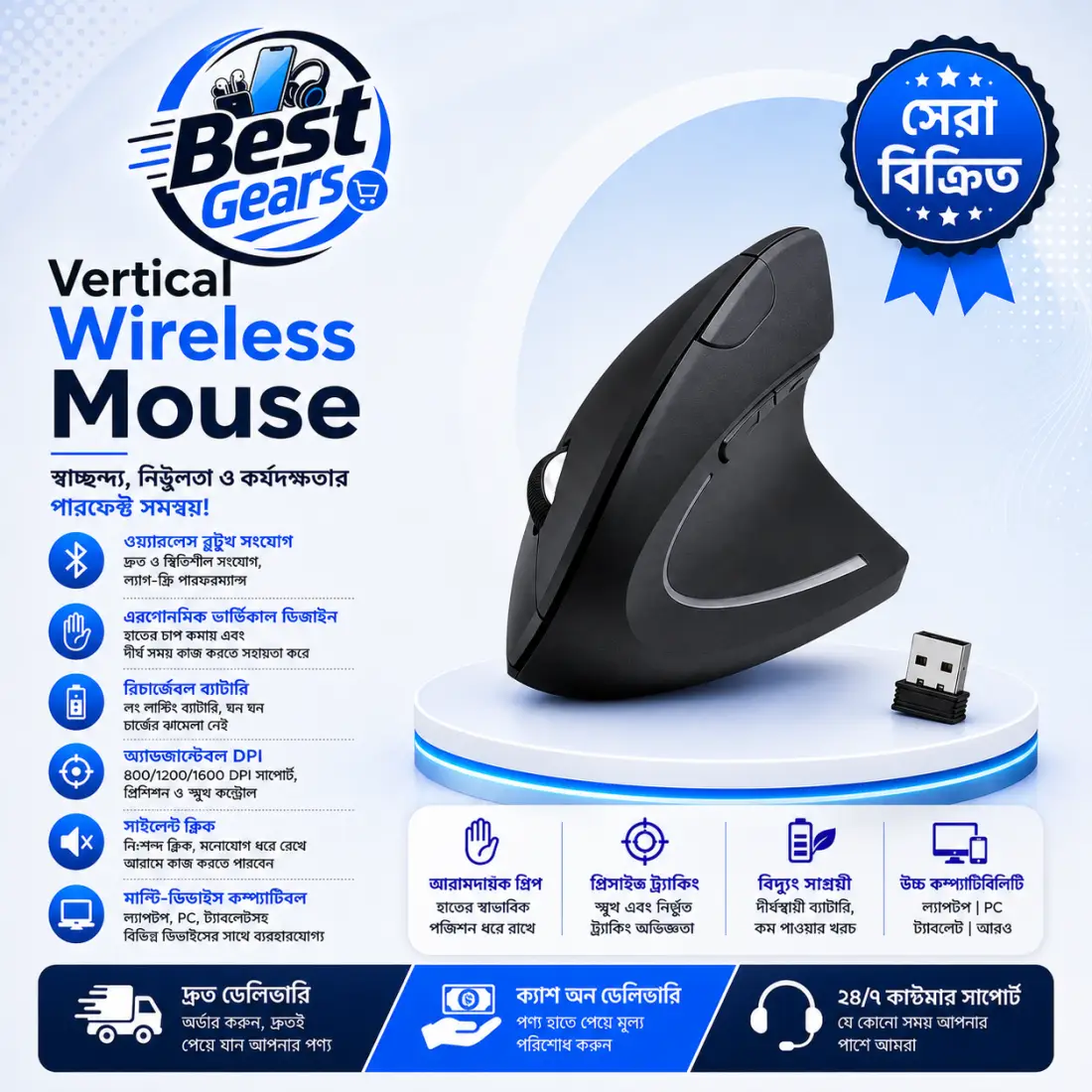 Vertical Wireless Mouse with Lightweight Portable Design & Smooth Navigation