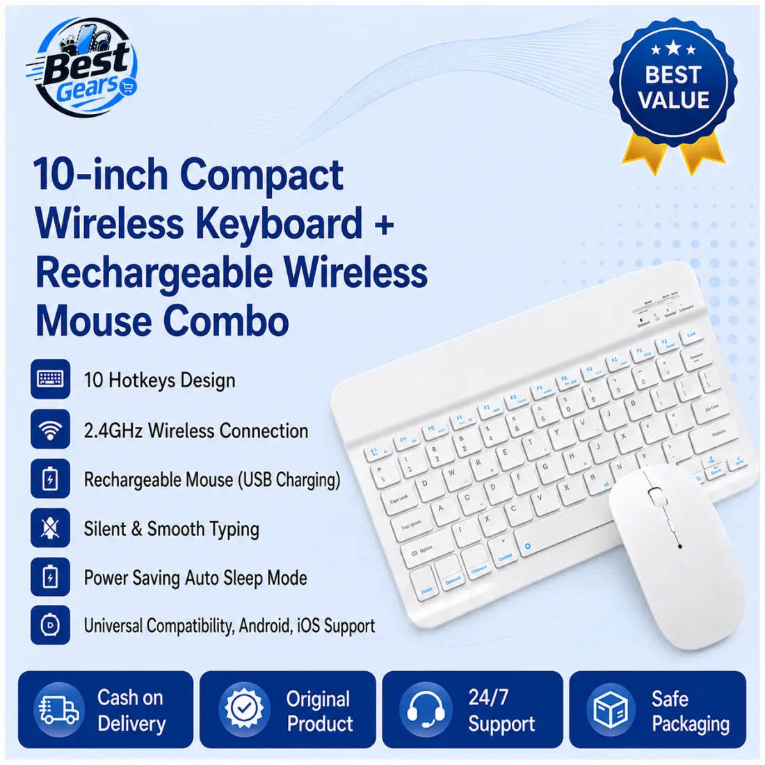 10-Inch Bluetooth Wireless Keyboard with Rechargeable Mouse – Compact Multi-Device Keyboard Set