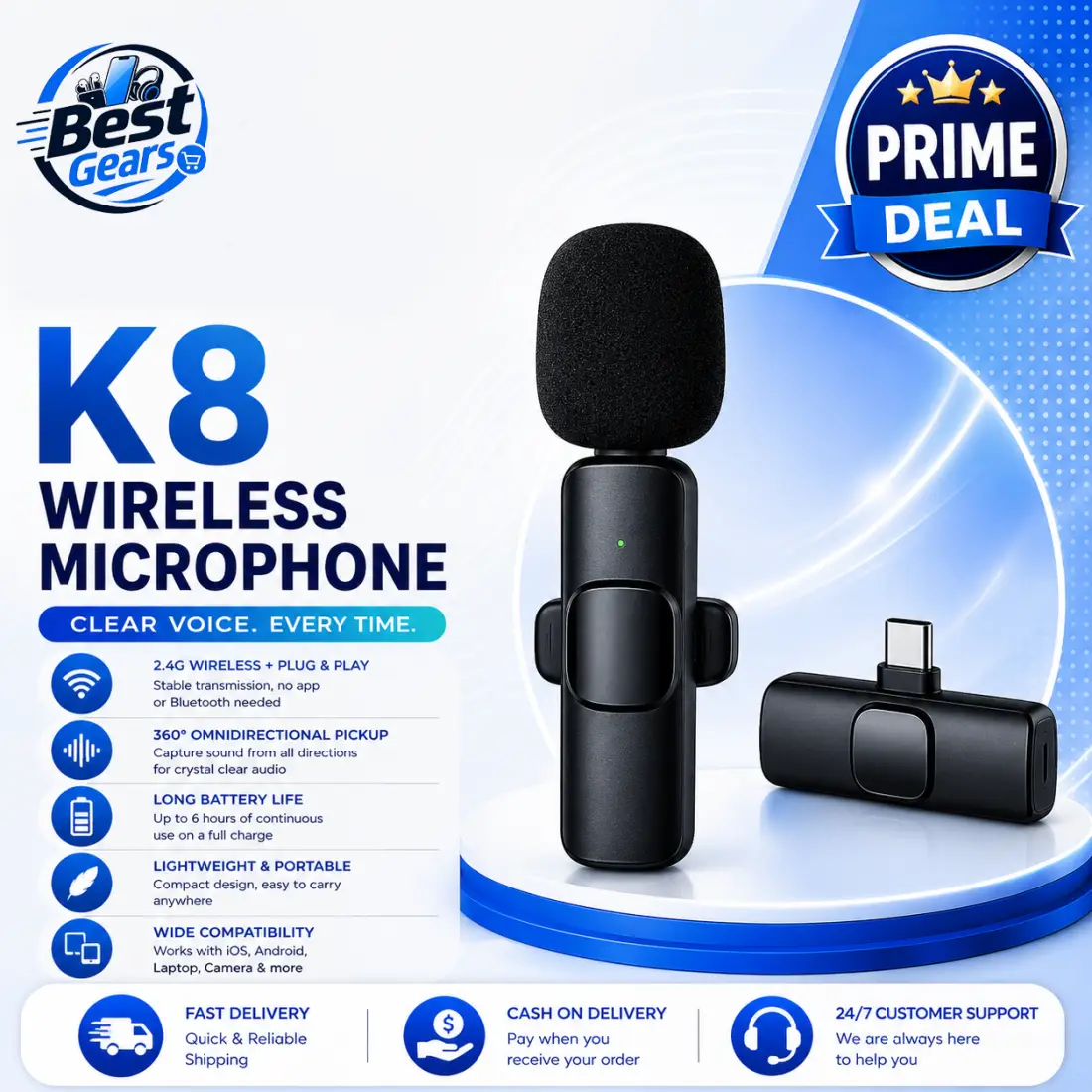 K8 Portable Dual Wireless Microphone with Type-C & iPhone Head for Vlogging, Interviews & Content Creation