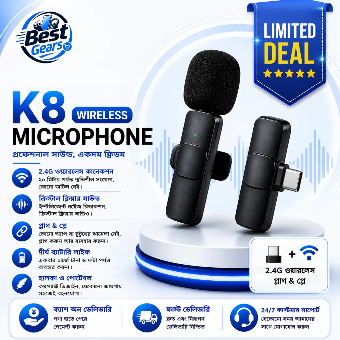 K8 Portable Dual Wireless Mic Type-C + iPhone Compatible for Vlog, Interview & Social Media Recording