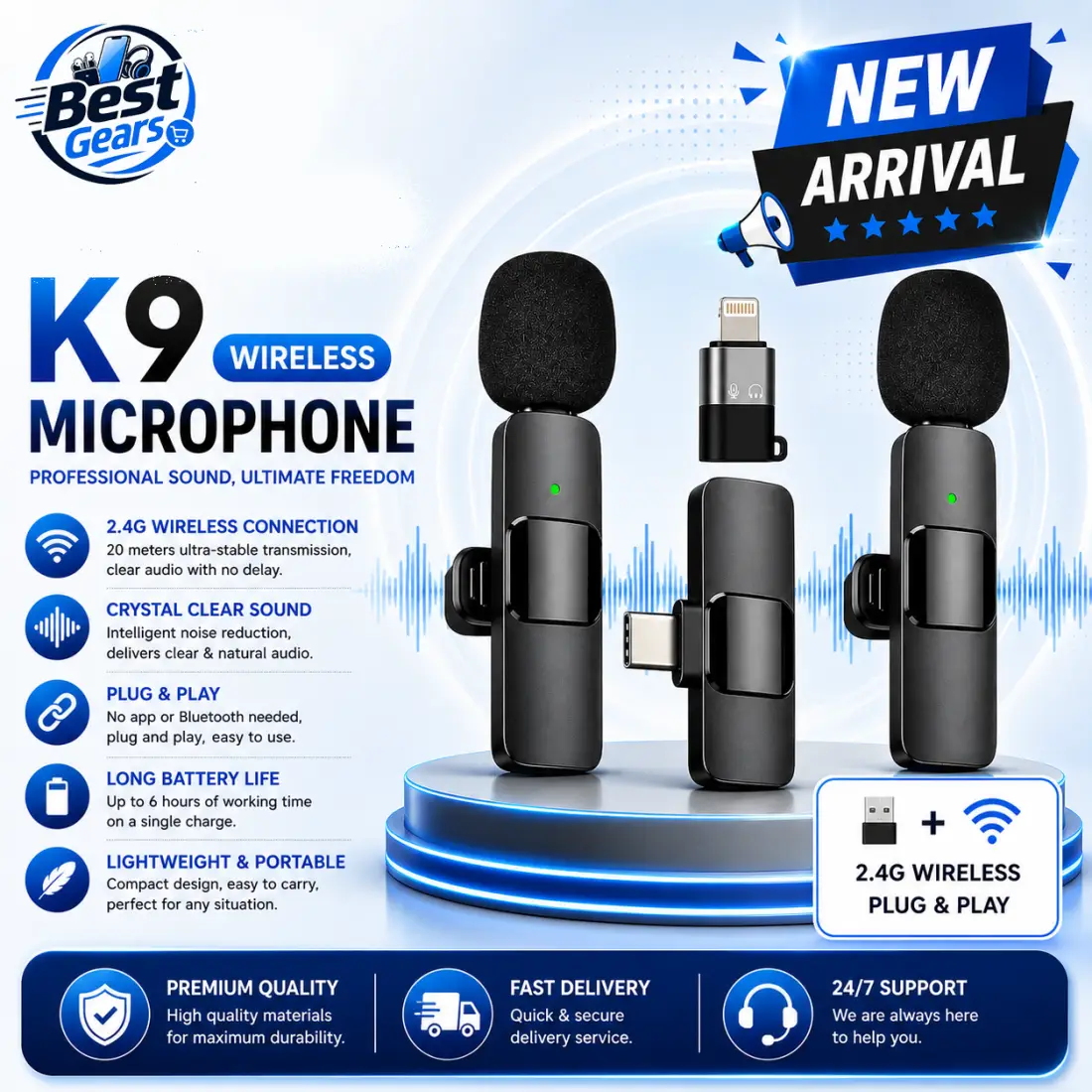 K9 Single Wireless Microphone & Receiver with Type-C + iPhone + V8 Heads for Vlog and Live Content