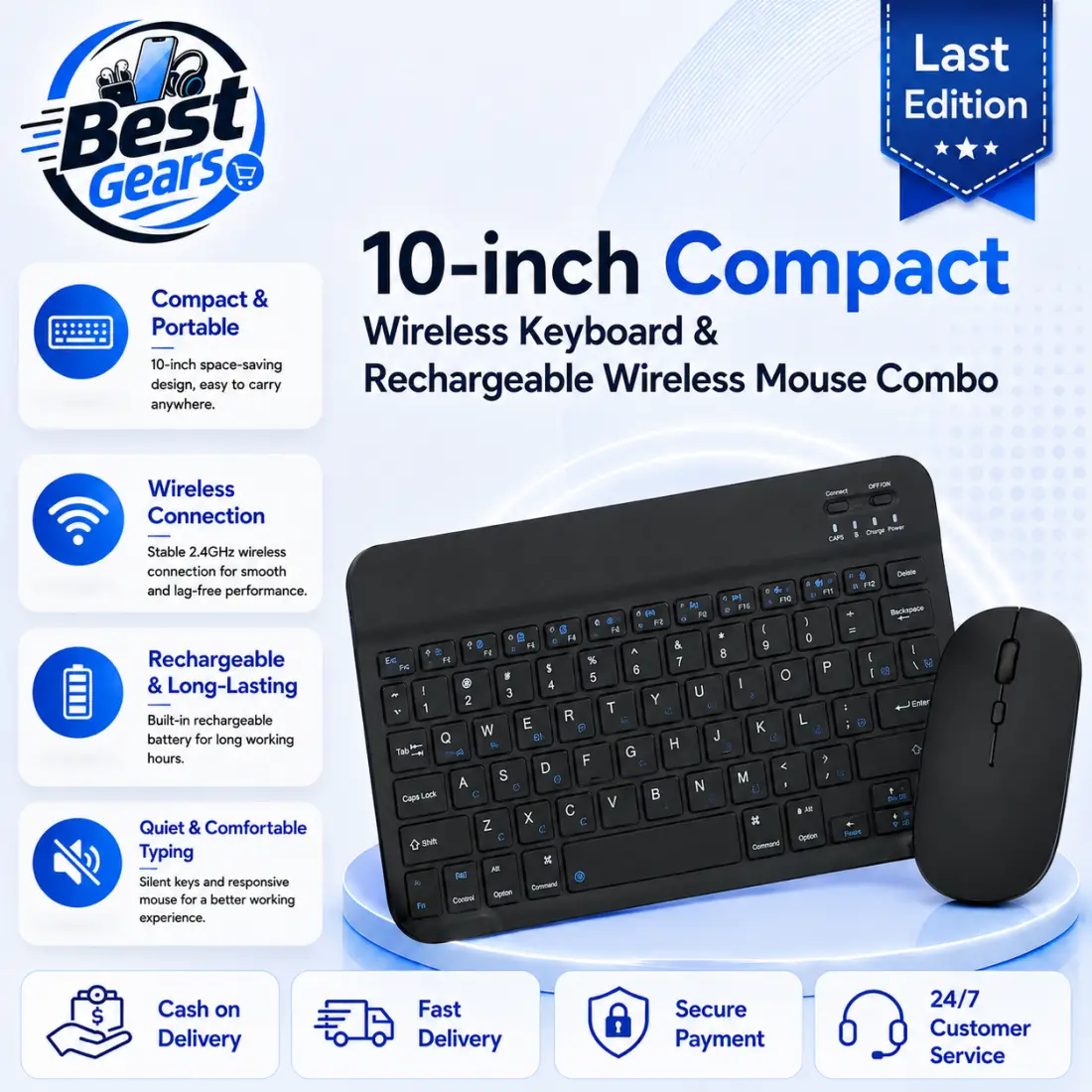 Black 10-Inch Bluetooth Wireless Keyboard & Rechargeable Mouse Combo – Slim Multi-Device Keyboard Set