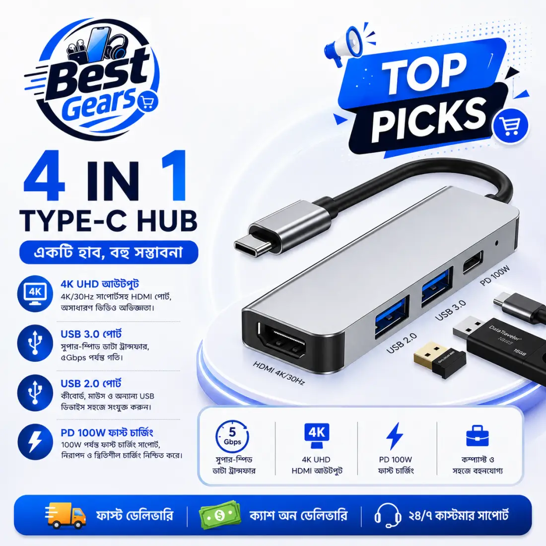 4 in 1 USB-C Hub – 4× USB 3.0 High-Speed Multiport Adapter