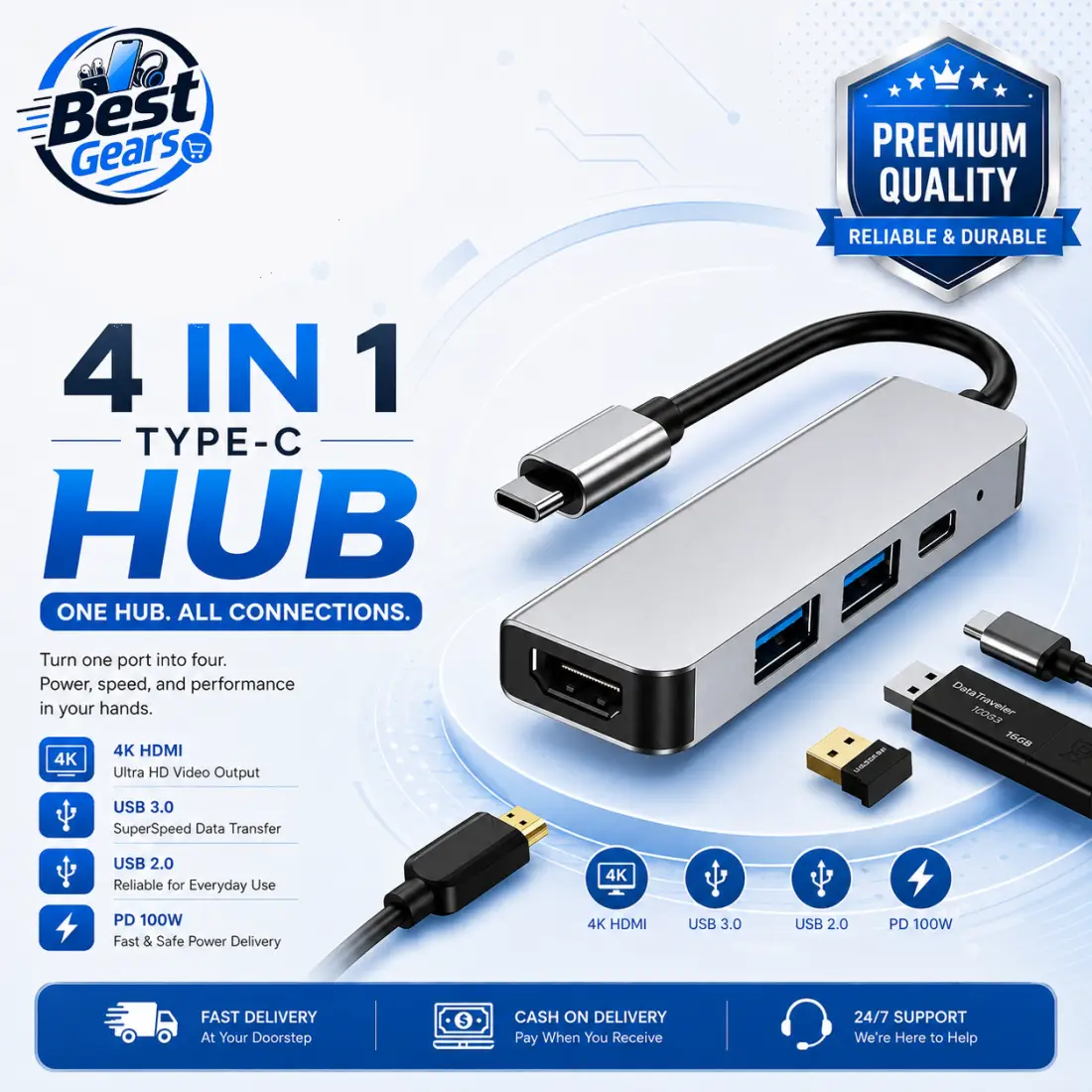 USB-C 4 in 1 Hub – High-Speed 4-Port Multi-Device Adapter