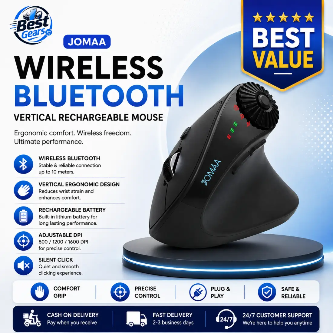 Jomaa Wireless Vertical Mouse – Rechargeable Bluetooth Ergonomic Mouse for Everyday Use