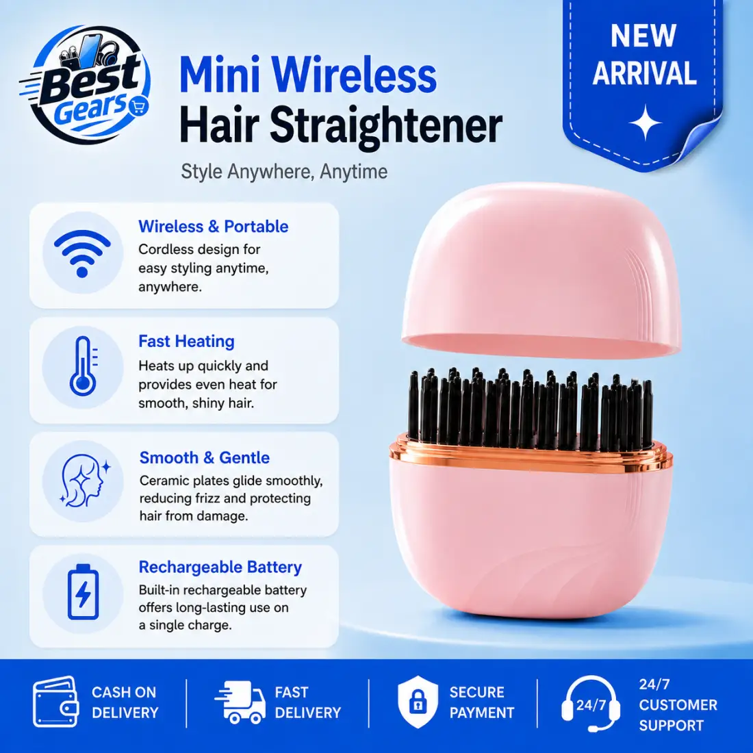 Mini Cordless Hair Straightening Brush Pink – Rechargeable Portable Hot Comb