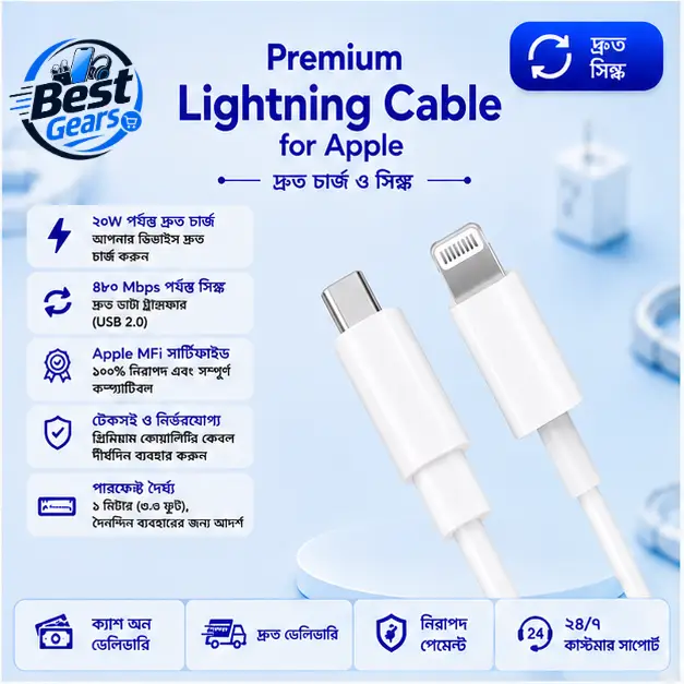 Premium iPhone Lightning Charging Cable – Fast & Reliable Charging, Data Transfer & Sync Cable for Compatible Apple Devices