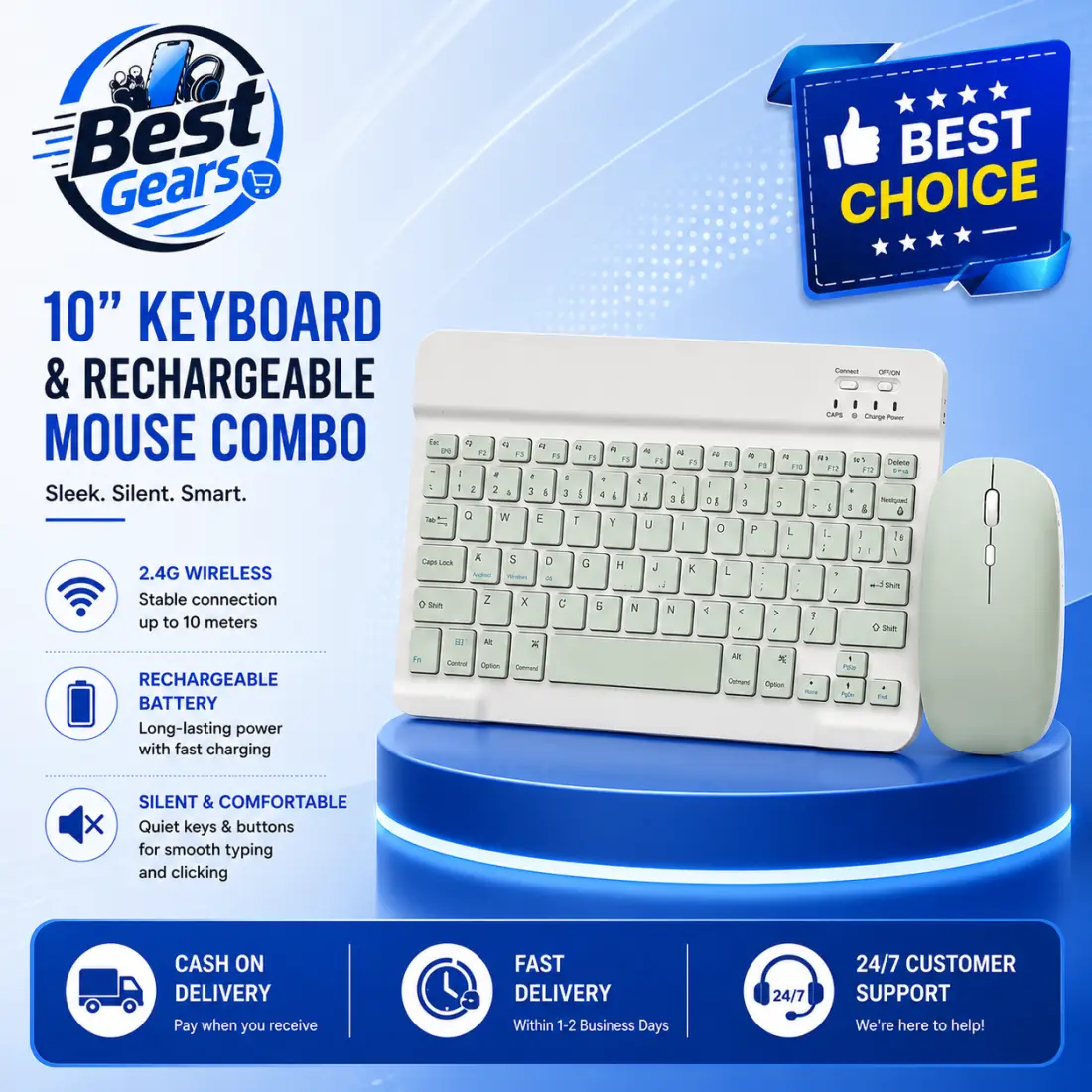 Green 10-Inch Slim Bluetooth Wireless Keyboard & Rechargeable Mouse Combo – Portable Multi-Device Set