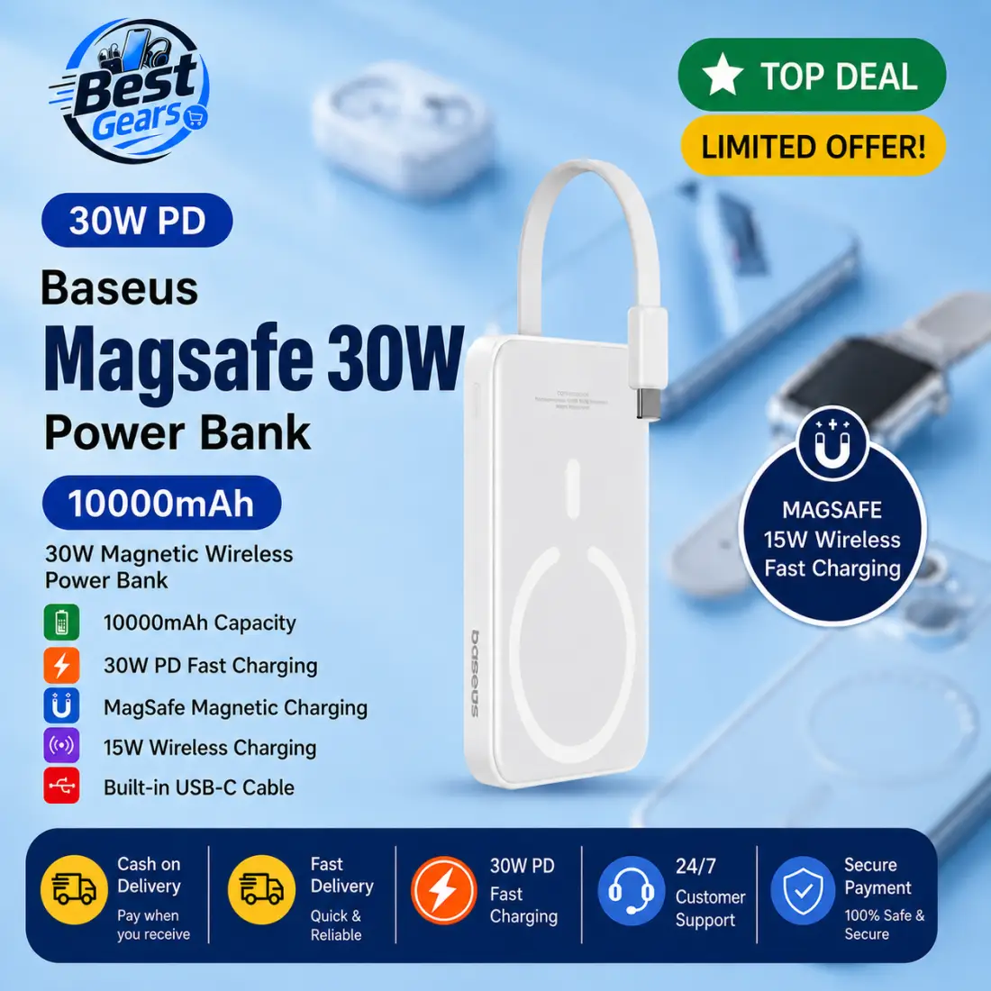 Baseus Magnetic Power Bank 10000mAh | 30W PD Fast Charging | MagSafe Compatible