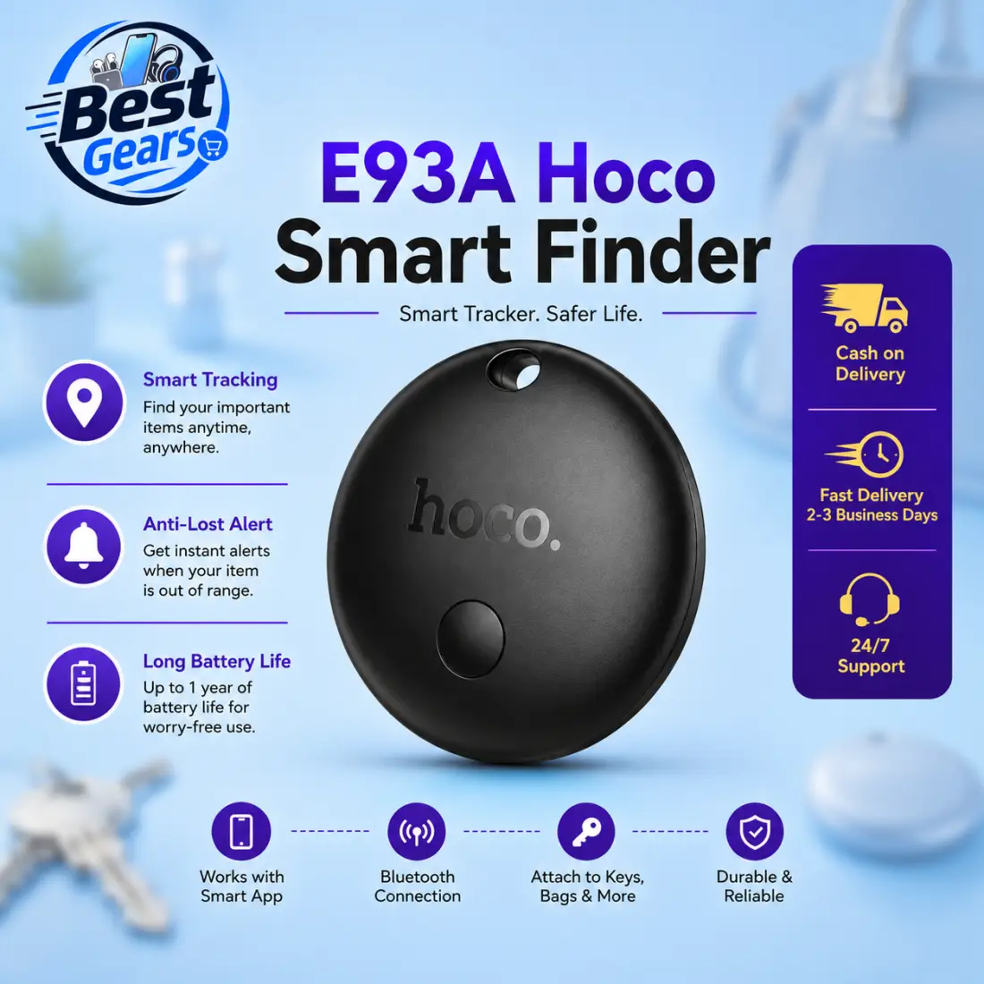 HOCO E93A Mini Smart Finder Bluetooth Item Tracker with Apple Find My Support & Portable Anti-Lost Tag