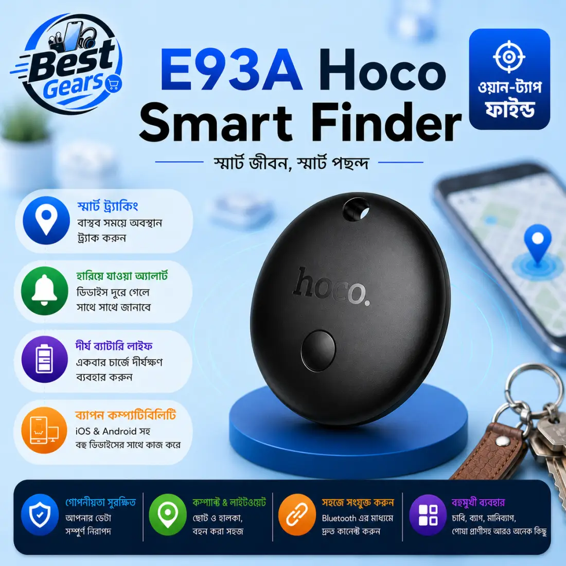 HOCO E93A Smart Finder for Keys, Wallet & Luggage | Bluetooth Tracker