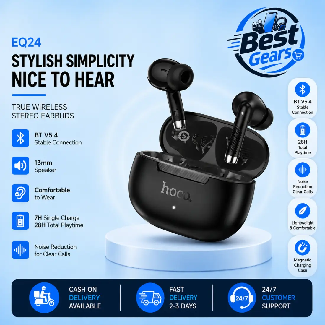 Hoco EQ24 PLUS Premium True Wireless Earbuds with Bluetooth 5.4, Immersive Stereo Audio, Smart Touch Control
