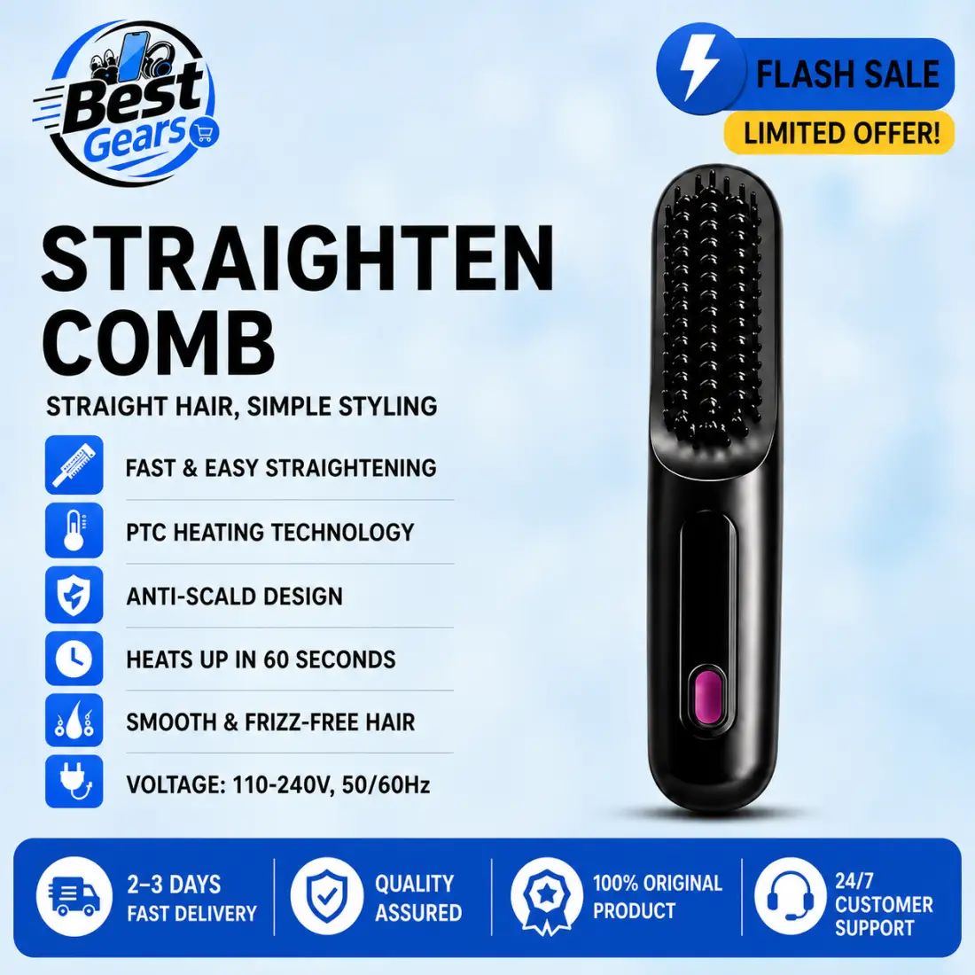 2-in-1 Electric Hair Straightening Comb | Fast Heating Hair Straightener Brush