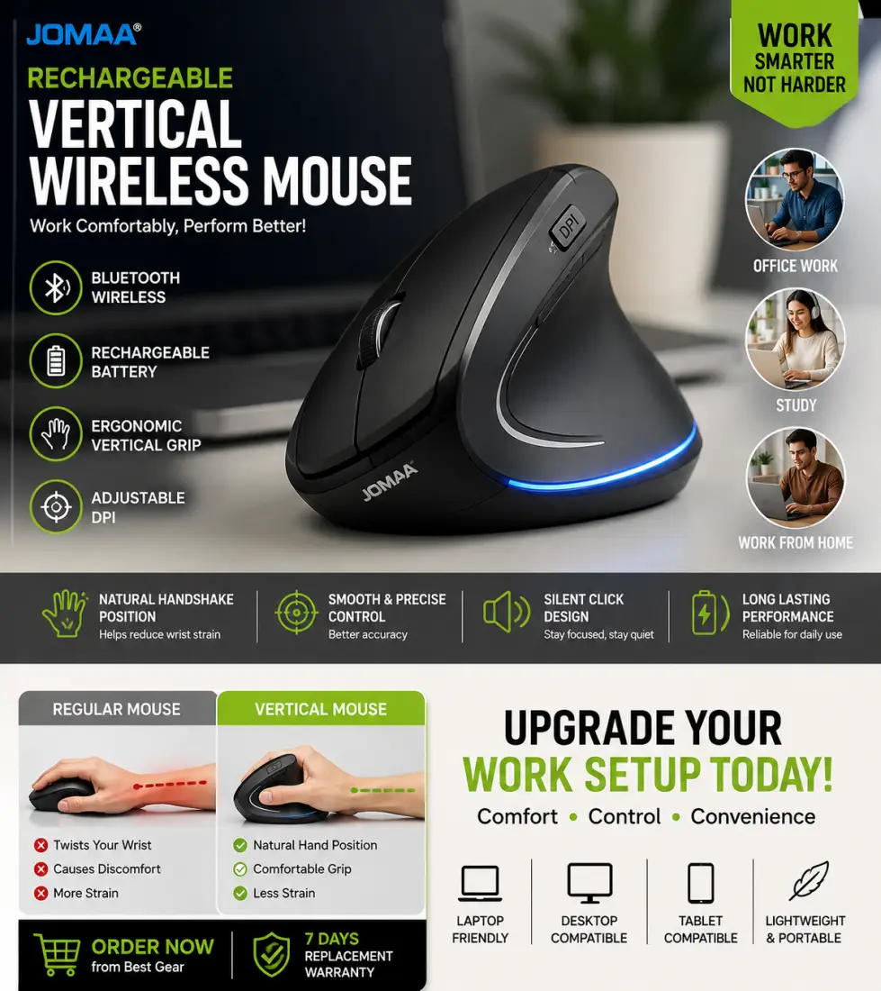 Jomaa Rechargeable Vertical Wireless Mouse | Bluetooth Ergonomic Mouse for Office, Home & Study