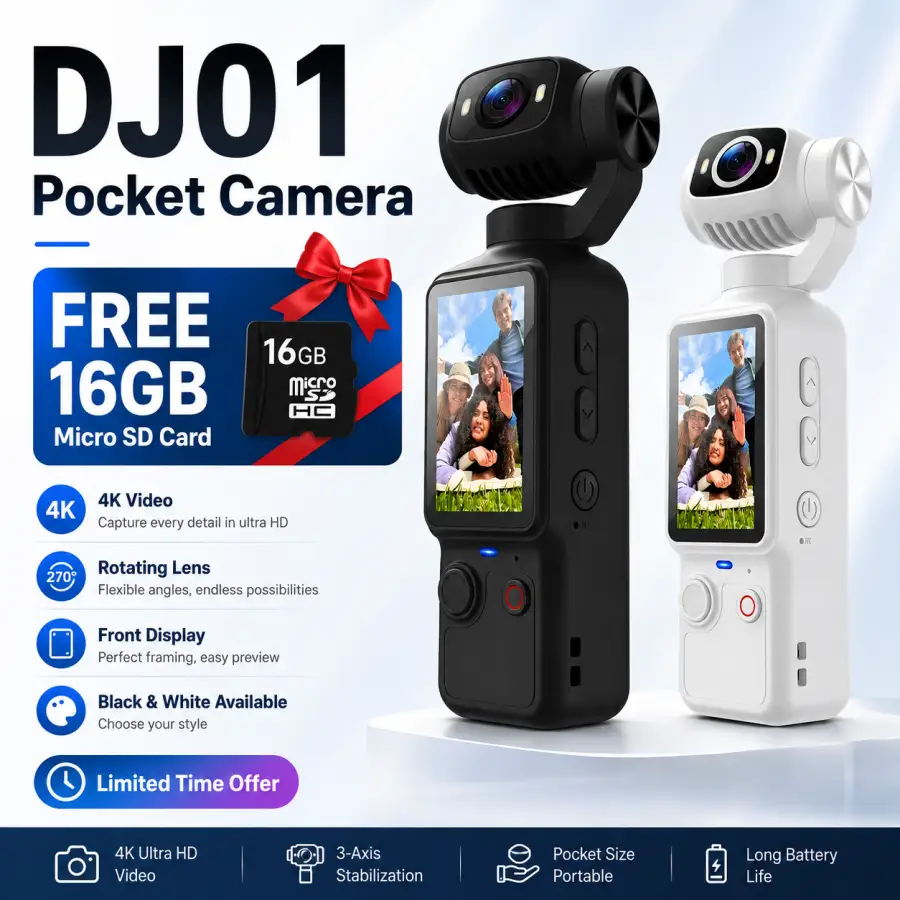 DJ01 4K Pocket Camera with Rotating Lens & Front Display – FREE 16GB MicroSD Card