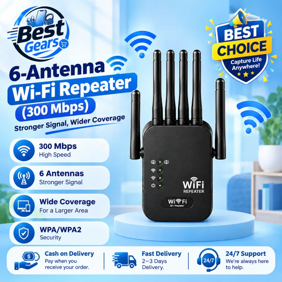 6-Antenna Wi-Fi Range Extender with Up to 300Mbps Wireless Speed Black & White